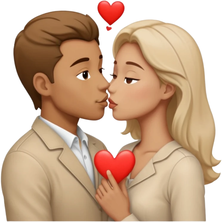 A man in pale beige clothes and a woman in pale beige clothes are kissing with white hearts emoji