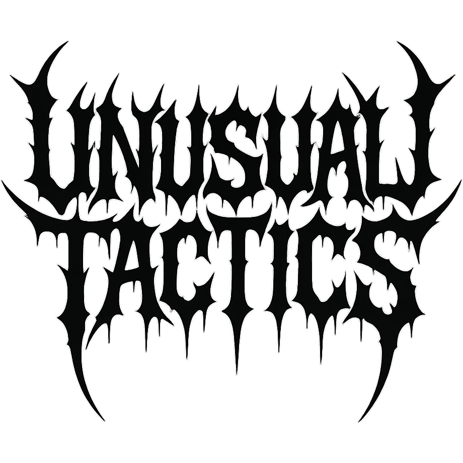 a logo, resembling that of metal band logo, for the text: "unusual tactics", drip font, symmetrical lettering, lettering only emoji