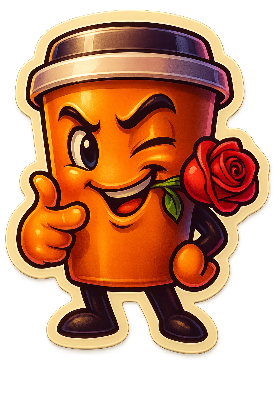 Tall coffee cup, rose in mouth, wiggle eyebrow, smirk, pointing at viewer emoji