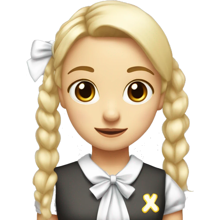 Draw a blonde schoolgirl with fringes and a high ponytail with a big white bow. the girl has red eyes and smiles wryly emoji