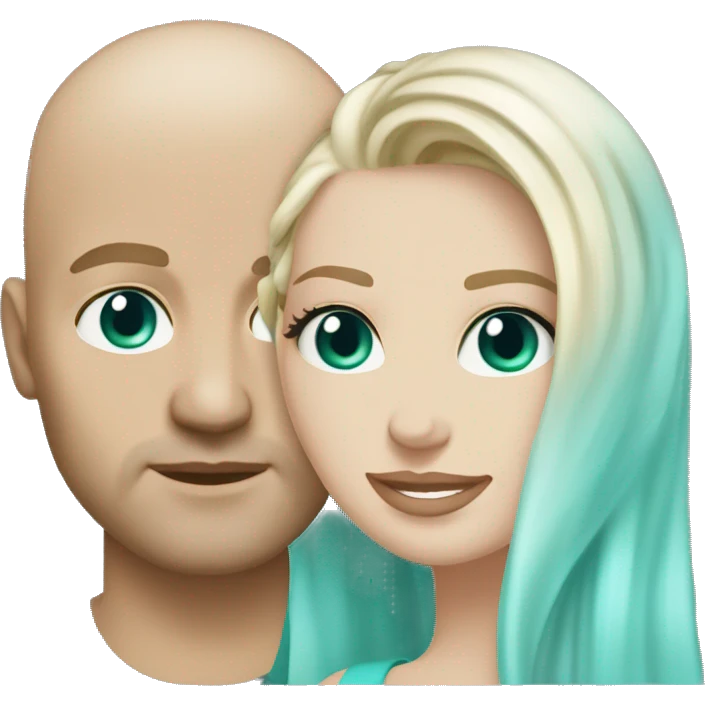 Couple. White skin. Male bald. Aqua eyes. Woman long blonde brown highlight hair. 35. Teal eyes.  emoji