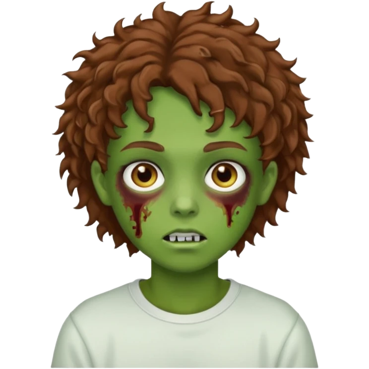  green teen zombie with brown curly hair and brown eyes wearing a white sweat emoji