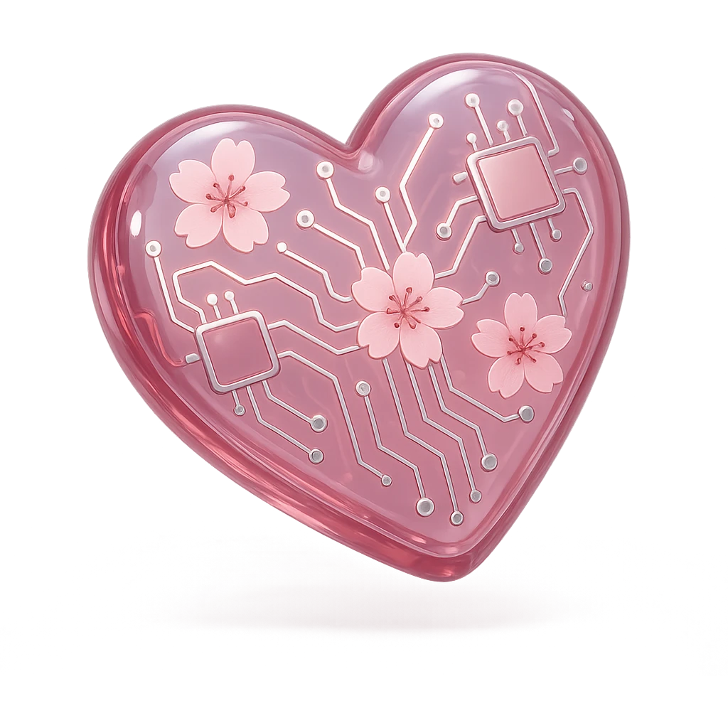heart with sakura and silver accents, glossy circuit style emoji