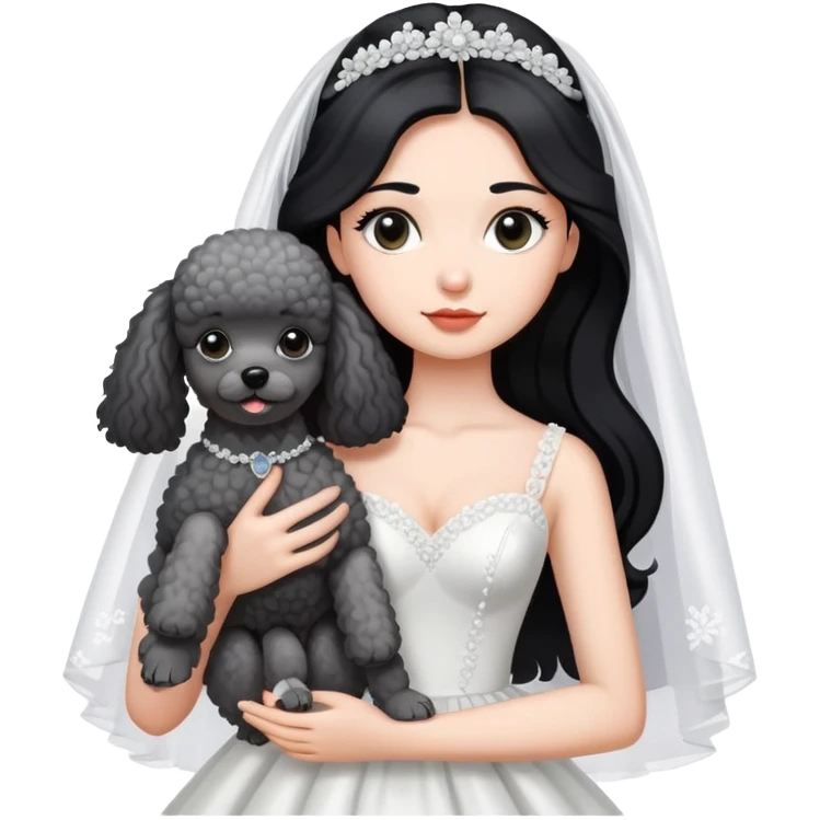 A beautiful girl with long black hair in a wedding dress holds a small gray poodle emoji