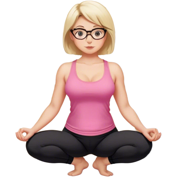 view from quarter angle, fair skinned woman, thick milf, short blond hair, small reading glasses, squatting down in kitchen, pink loose tank top, showing natural B cup breast shape SFW, black yoga pants, large curvy booty emoji