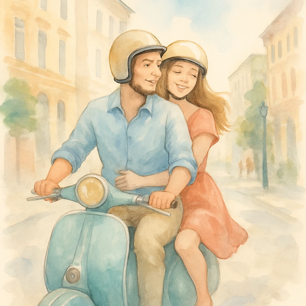 watercolour style, couple on a scooter, city street background, light and airy feel emoji