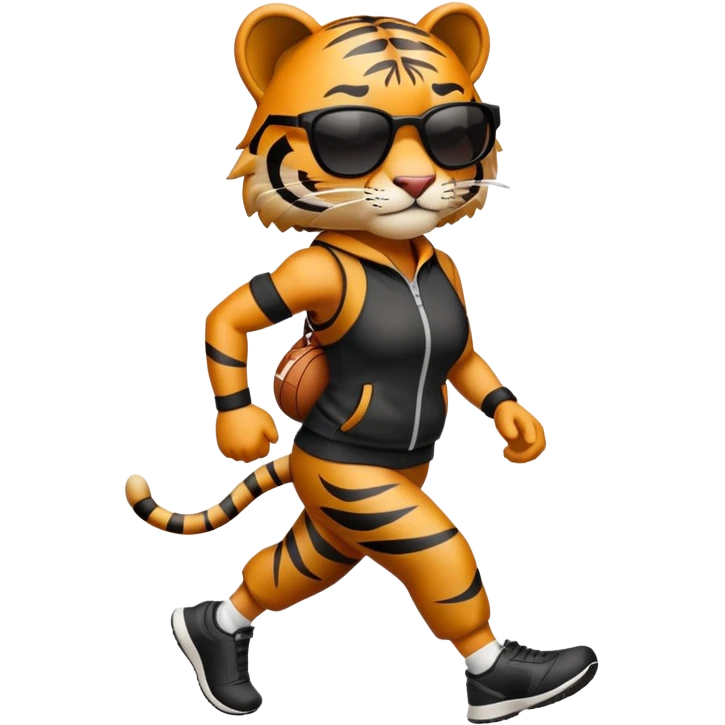 female energetic anthropomorphised tiger in sports clothes, wearing dark sunglasses, walking upright emoji