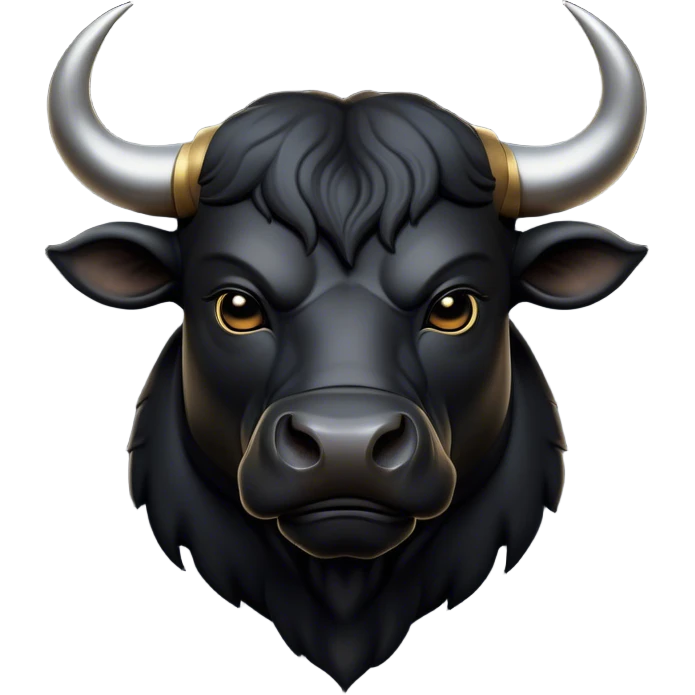 Cinematic Noble Black Bull Portrait Emoji, Poised and regal, with a massive, muscular build and a sleek, well-groomed pure black hide, deep-set soulful dark eyes, Simplified yet sharp and sophisticated features, highly detailed, glowing with a soft, dignified glow, high shine, intelligent and formidable, stylized with an air of strength, focused and attentive, soft glowing outline, capturing the essence of a watchful and confident guardian, so majestic it feels as though it could charge out of the screen with effortless authority! emoji