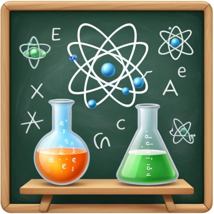 An icon featuring an atom model, a beaker with swirling particles, and a chalkboard with E=mc², symbolizing physics. The design includes a magnet, a pendulum, and a prism splitting light, representing the study of matter, energy, and natural laws. Transparent background emoji
