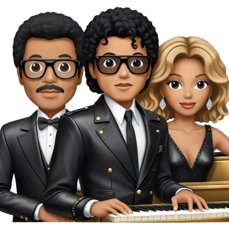 Michael Jackson in his black leather jacket, Beyoncé in a glamorous stage outfit, Lionel Richie in his classic look, Whitney Houston in her famous dress, and Ray Charles in black glasses sitting at a piano. Transparent background. emoji