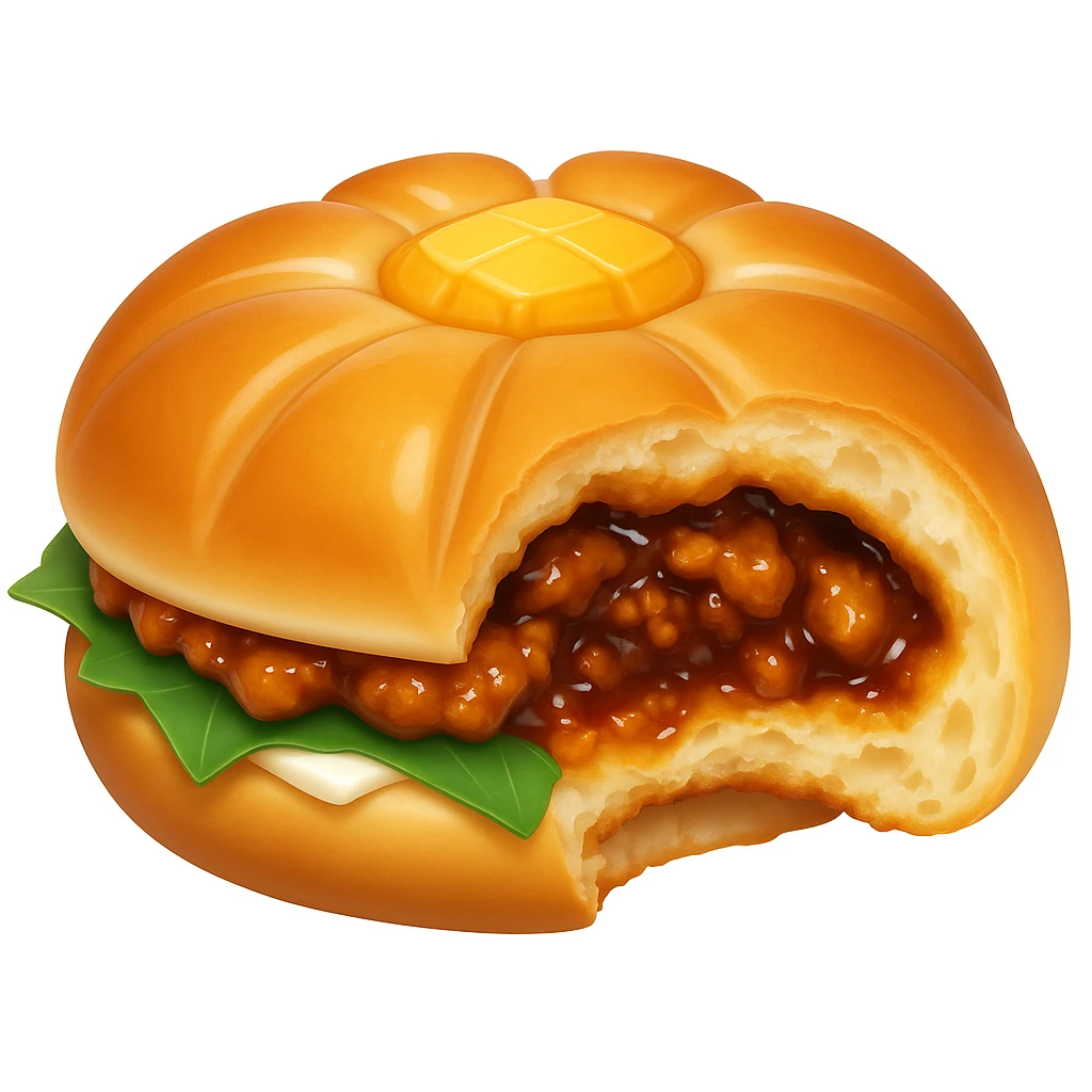 Edit the pineapple roast pork bun emoji to look bitten out, showing the filling inside. Use the reference photo for the bitten look and filling details. Maintain the emoji style appearance in the edit. emoji