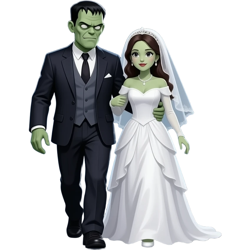 steampunk  - Frankenstein Monster embraces his monstrous bride while walking through a desolate night landscape emoji