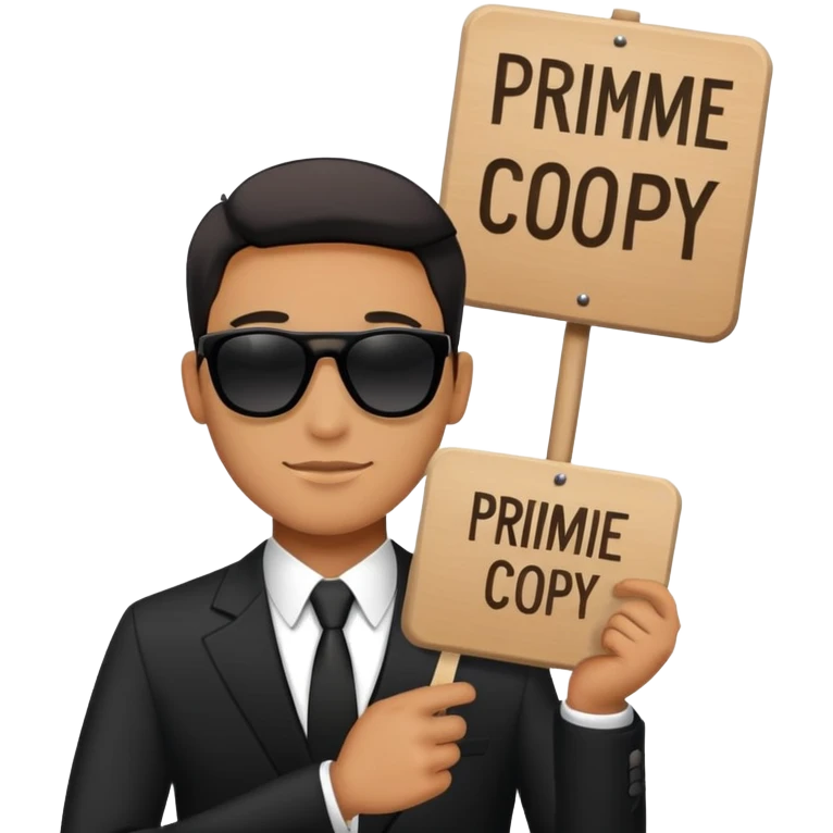 A man in a black suit and black sunglasses holds a sign that says PrimeCopy emoji