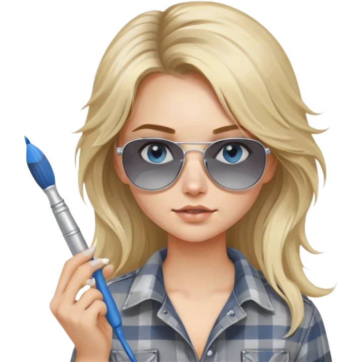 girl with long blond messy hair, wearing grey plaid shirt with blue eyes and aviator sunglasses wearing a ring on her silver necklace, holding a paint brush roller with a small bit of white paint on her face emoji