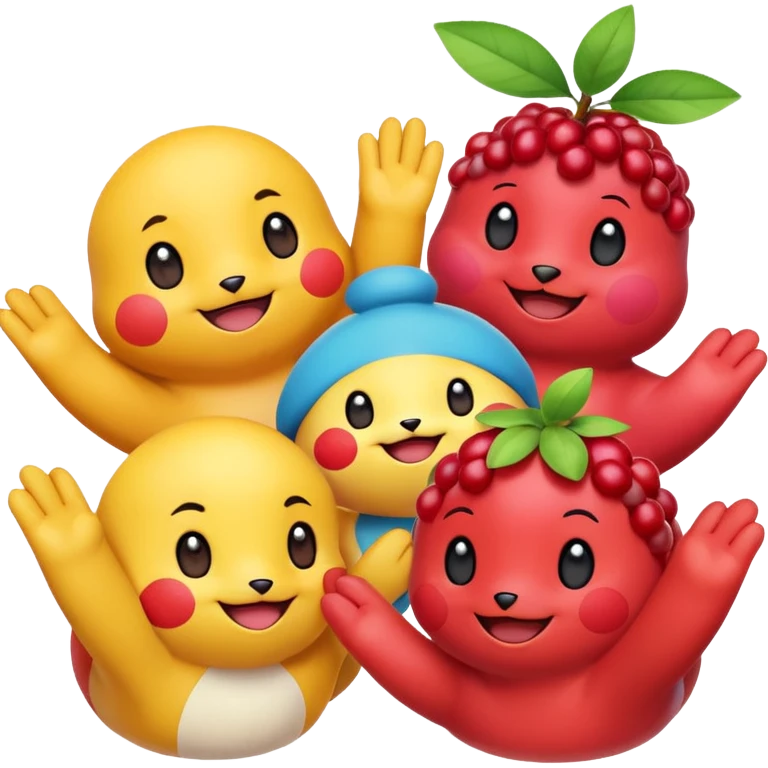 Three Pokémon characters showing kindness and teamwork. One Pokémon is handing a berry to another, while the third Pokémon is cheering and clapping happily. They look joyful and friendly, standing close together in a bright, colorful cartoon scene. The style is cute, playful, and emoji-like. emoji