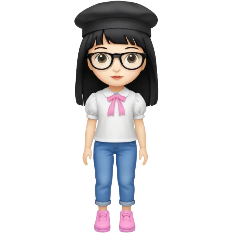 A yellow-skinned girl with long straight black hair, flat bangs, black frame glasses, a white puffy sleeve doll shirt, blue spacious jeans and pink shoes, and a black painter's hat，no yellow spikes. emoji