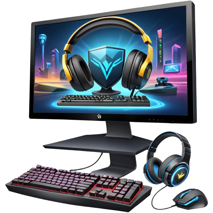 An icon featuring a gaming setup with a high-tech monitor displaying a competitive game, a keyboard, and a gaming mouse. The design includes a headset and a trophy, symbolizing victory and skill in esports. Transparent background highlights the energy and precision of professional gaming. emoji