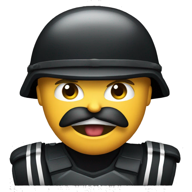 an angry screaming soldier with moustache, black uniform and black big helmet with thunder logotype on it emoji