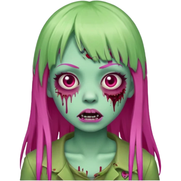 Create a female zombie emoji with long, straight hair in hot pink and bangs. emoji