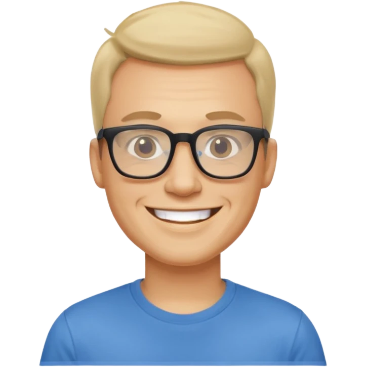 portrait of adult man, wearing a t-shirt, square glasses, grinning face emoji