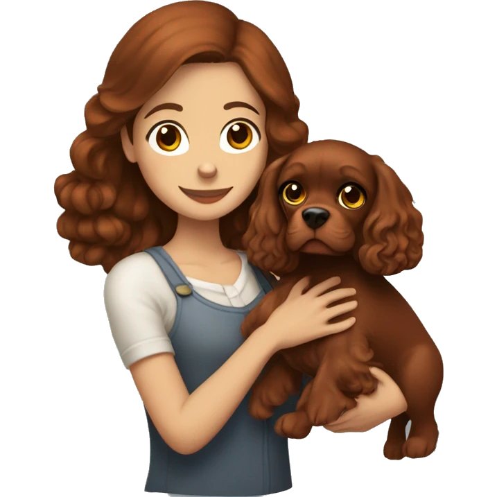 brunette girl holds red cocker spaniel in her  emoji