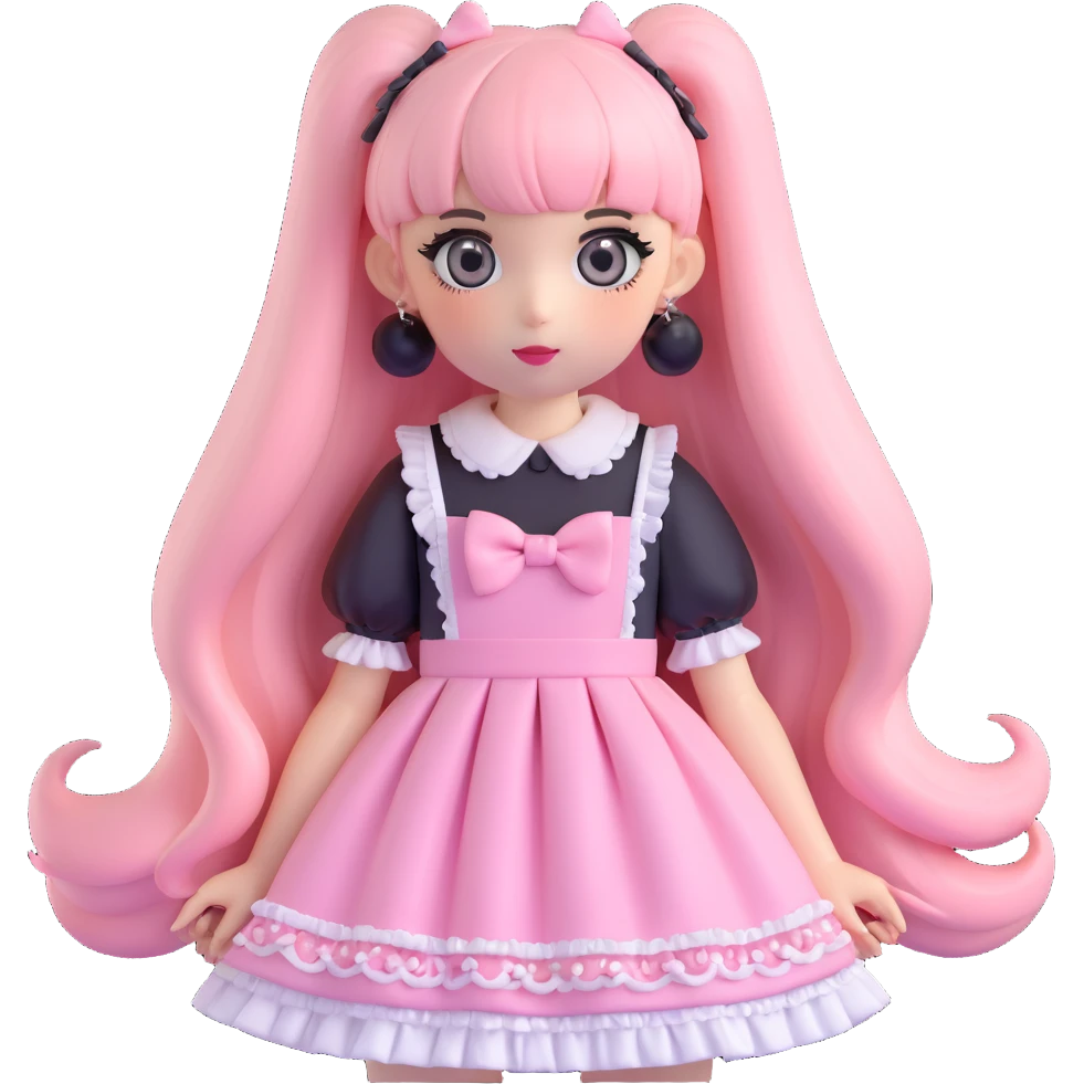 pale girl with straight long black and baby pink swirled hair with bangs, grey eyes, doll-like makeup, wearing a light pink lolita hime gyaru dress, 3D emoji style emoji