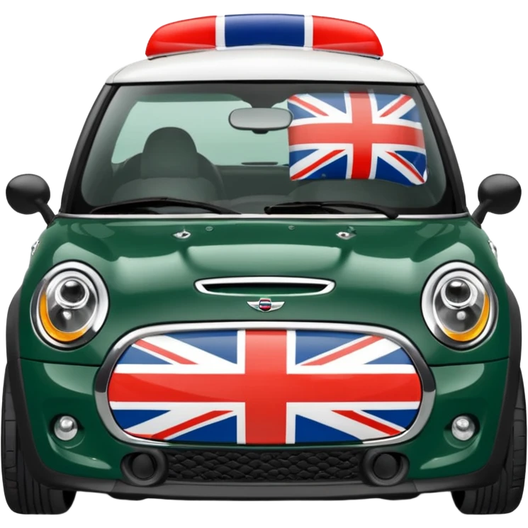 Dark green Mini Cooper with union jacks on wing mirrors zooming emoji