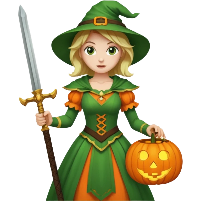 Woman Hunter With Jack o Lantern, wearing green costume, with sword emoji