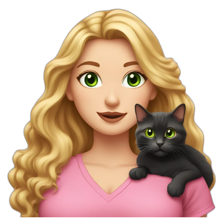 woman with green eyes and long wavy blonde hair and big boobs in a pink shirt is holding a very fluffy and fat black and tortoiseshell cat emoji