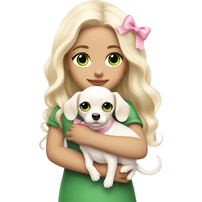 pale blond girl with wavy long platinum hair with green eyes holding a white chihuahua puppy that wearing a pink bow emoji