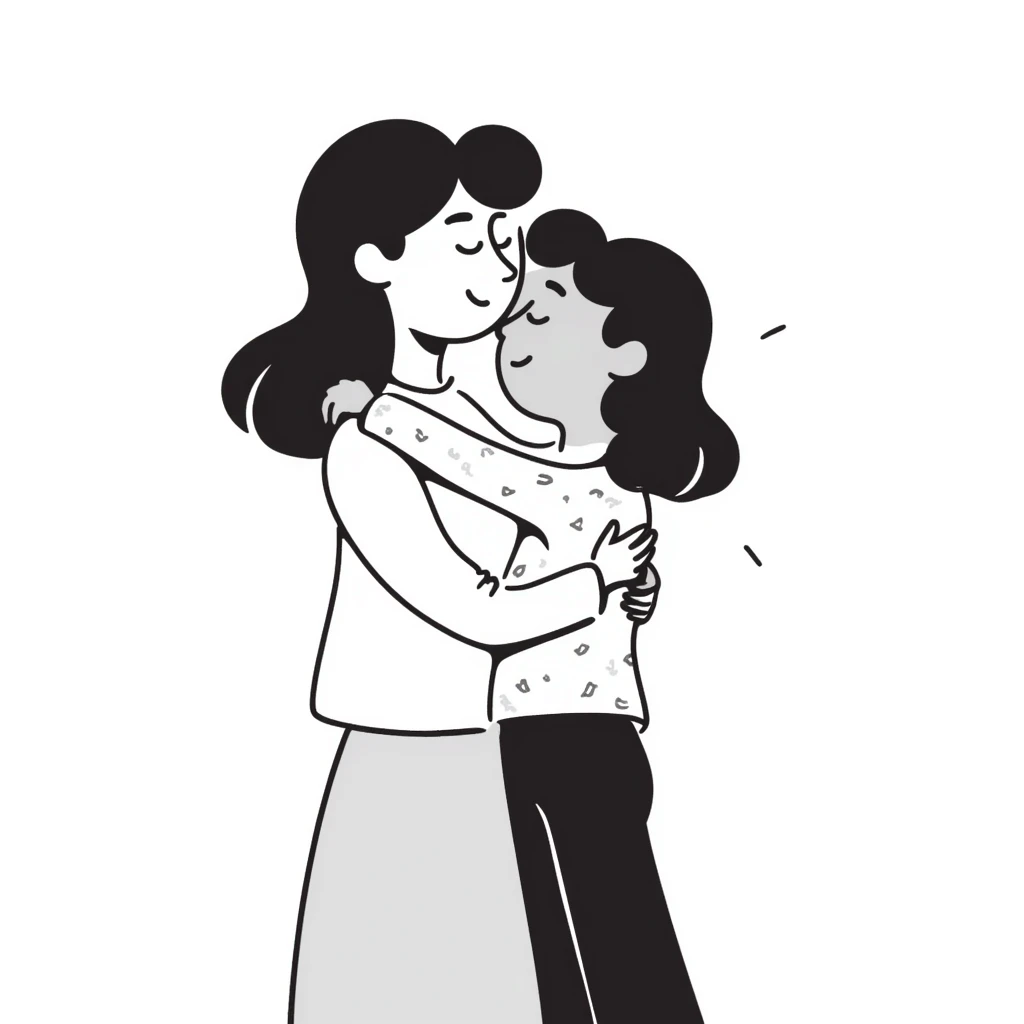 a girl hugging her mother, hand drawn doodle style emoji