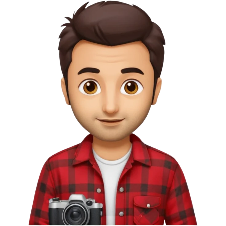 generate a pretty bratz emoji 
Make her look like Ranbir kapoor wearing a red flannel shirt,with white tee underneath. smirking and carrying a camera

he should look exactly  like ranbir kapoor!  emoji