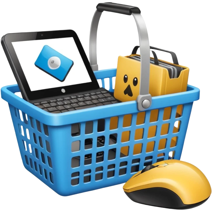 shopping basket with graphics card, wireless mouse, digital camera emoji