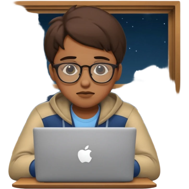 tired student with laptop, window at night behind, glasses askew, apple style emoji emoji