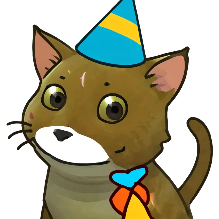ginger tabby kitten at a birthday party, smiling, with cake, balloons, and wrapped gifts emoji