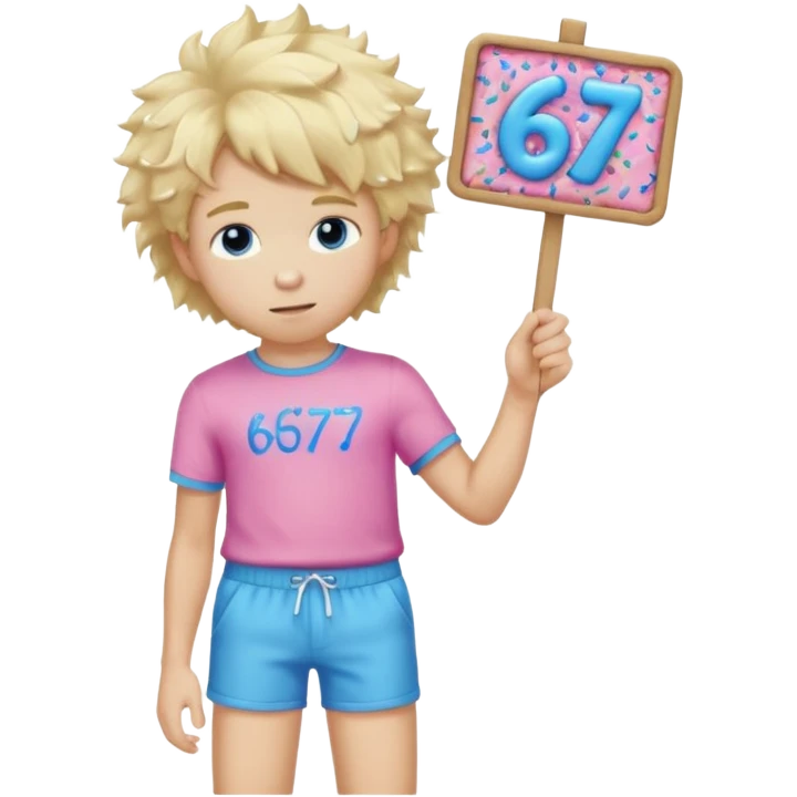 Teenage blond boy with fluffy hair, wearing pink shorts and blue sprinkles, holding a sign that says 67 emoji