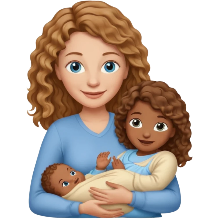 Light brown Caucasian wavy haired mom and blue eyeswith and brown skinned newborn baby emoji