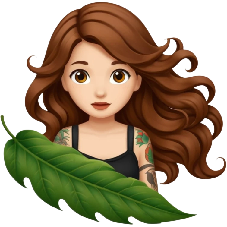 cute woman long wavy brown hair tattoos sliding down leaf emoji