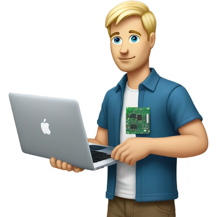 man looks 35 classes, european, tech nerd love pcb designing, blond hair shorter blue eyes behind macbook with pcb in hand  emoji