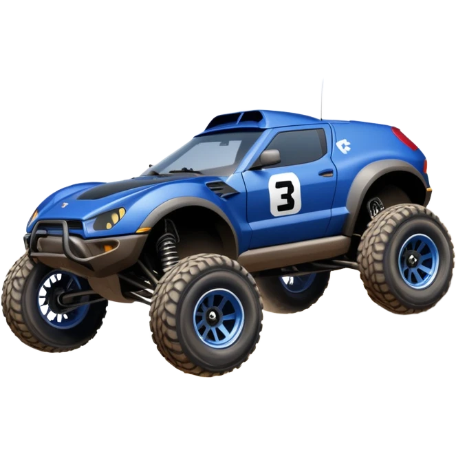 Dirty Midnight-blue Local Motors Rally Fighter off road race car jumping over a dirt ramp  emoji