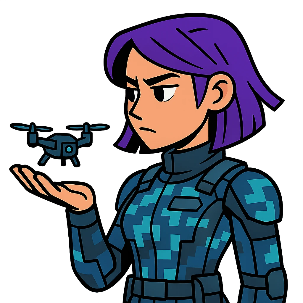 young woman with purple hair in a digital-patterned tactical suit, holding a small drone in her palm, analytical expression emoji