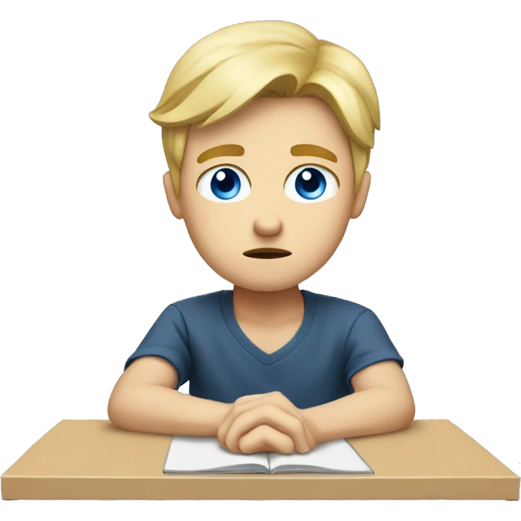 Blonde white boy with blue eyes upset studying at desk emoji