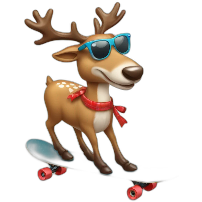 Stylish Reindeer wearing sunglasses delivering Christmas gift on skateboard emoji