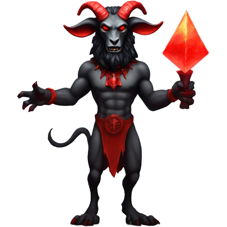 Evil Goatman male Devil sinister with red tipped horns standing with goat hind legs on pyramidal pillar  aura of darkness he is commanding emoji