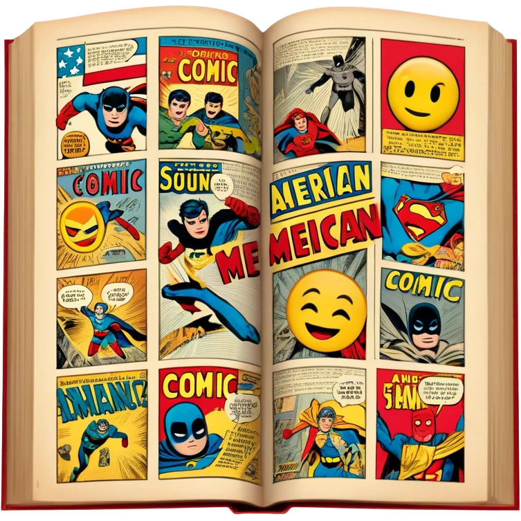 vintage-inspired emoji representing comic books and graphic novels as a storytelling art form. a large, open comic book with pages filled with classic American comic book panels. classic feel of old-school comic books a graphic novel. background transparent. No smiles! emoji
