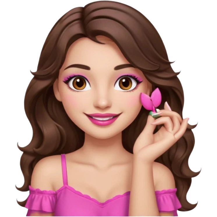 girl with long wavy brown hair, brown eyes, long lashes makeup, sexy pink lips, light to medium complexion, pink sexy top, smiling, hand by the cheek emoji