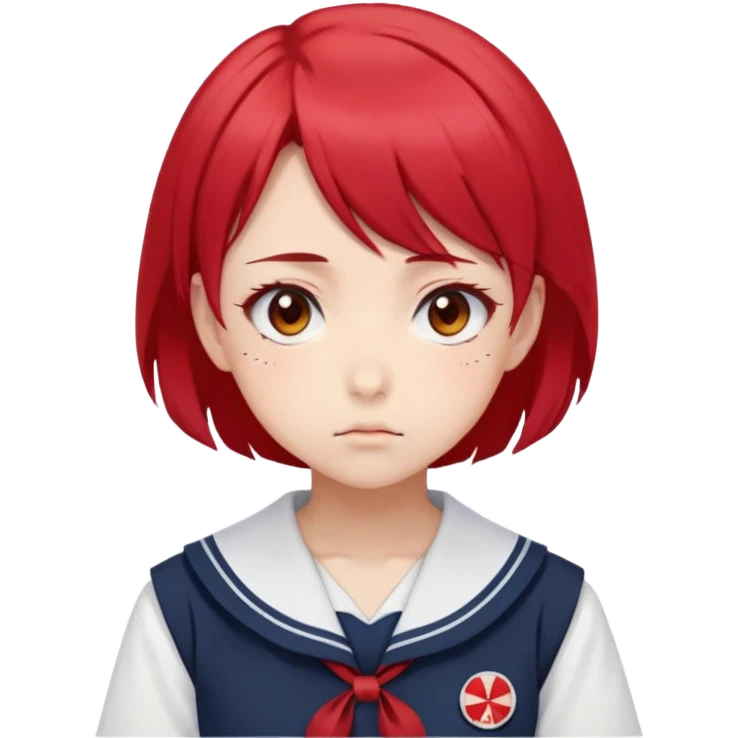 Serious anime girl with short bright red hair wearing Japanese sailor style school uniform, intense gaze and slight frown, disciplined posture emoji