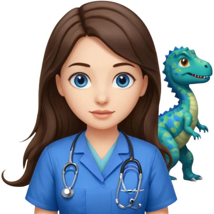 pretty brunette nurse with long hair and blue eyes in dinosaur pattern scrubs emoji