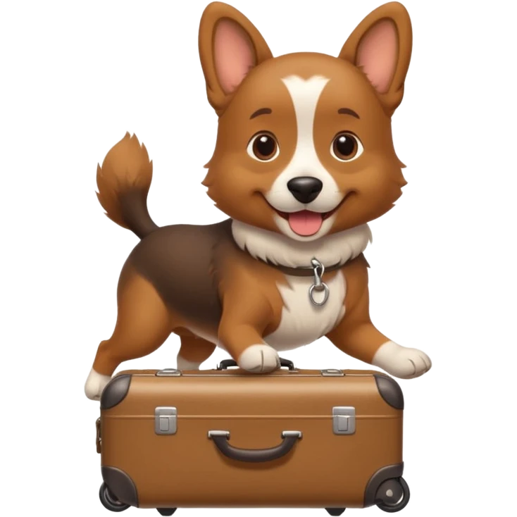 A cheerful dog pulling a small rolling suitcase behind it. emoji