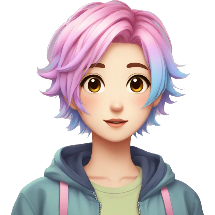 Gorgeous anime style tomboy with blushing face aesthetic and pretty colorful shiny gradient pastel hair trending style emoji
